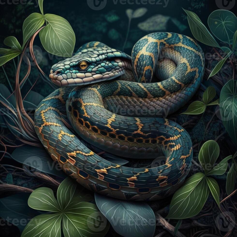 A dangerous green snake in the jungle image photo