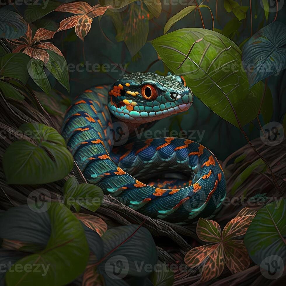 A poisonous green snake in the jungle image photo