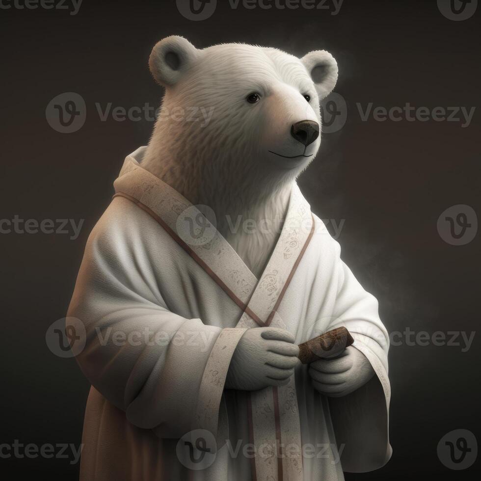 an anthropomorphic bear in a white robe suit photo