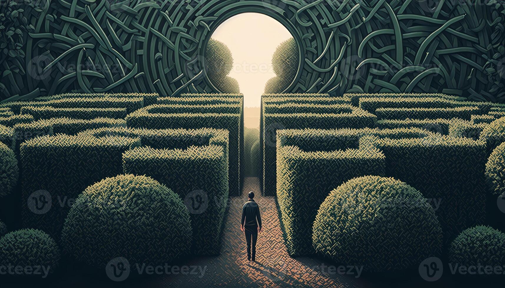 A man stands in front of the entrance to a maze photo