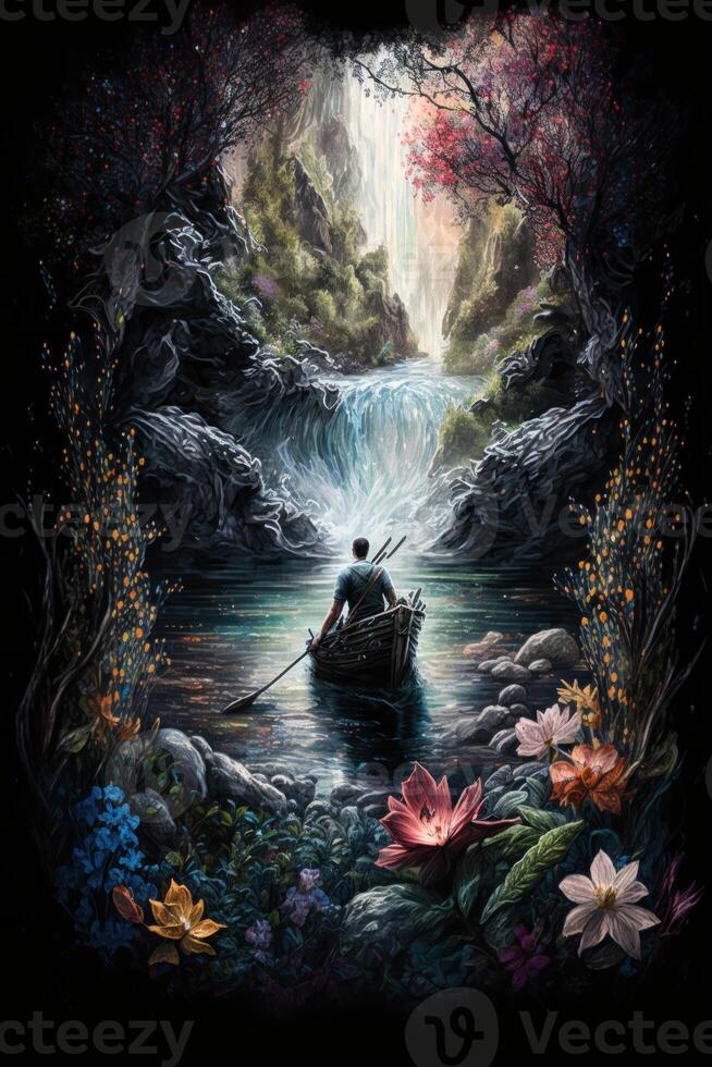 A man in a boat approaching a waterfall flanked photo