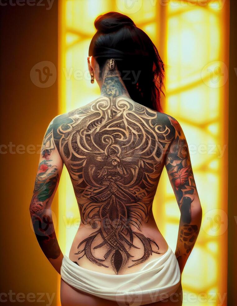 A tattooed womans sculpted full body from behind back photo