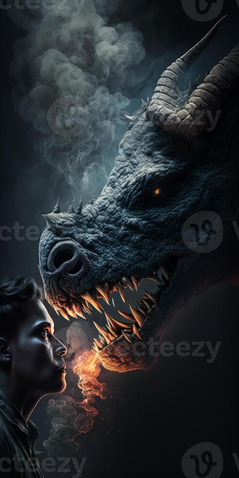 A man standing in front of dinosaur dramatic action photo