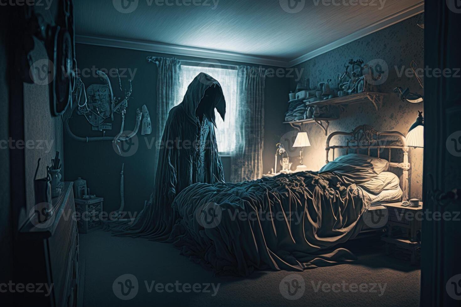 Grim Reaper floating in a bedroom next to a bed dark image photo