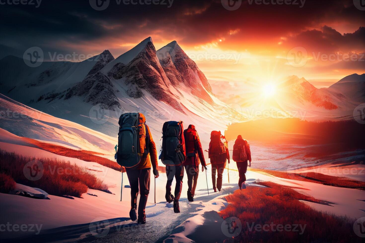 Group tourists of hiker sporty people walks in winter season photo