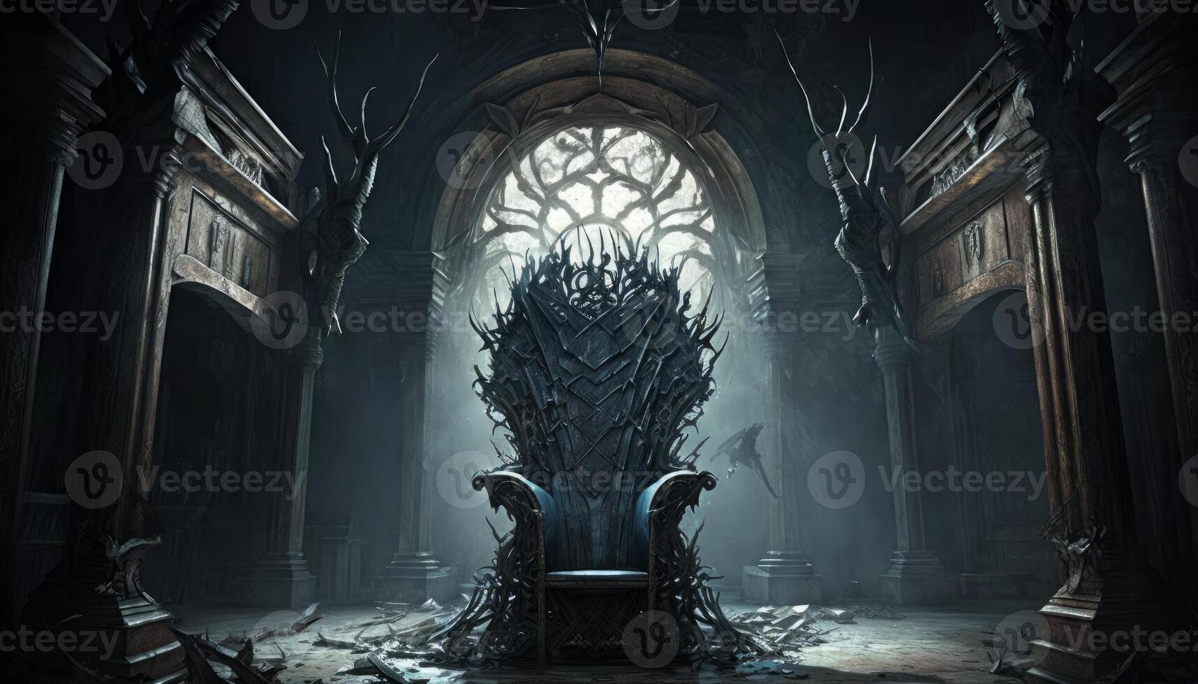 Majestic throne in the castle of darkness in a horror place photo