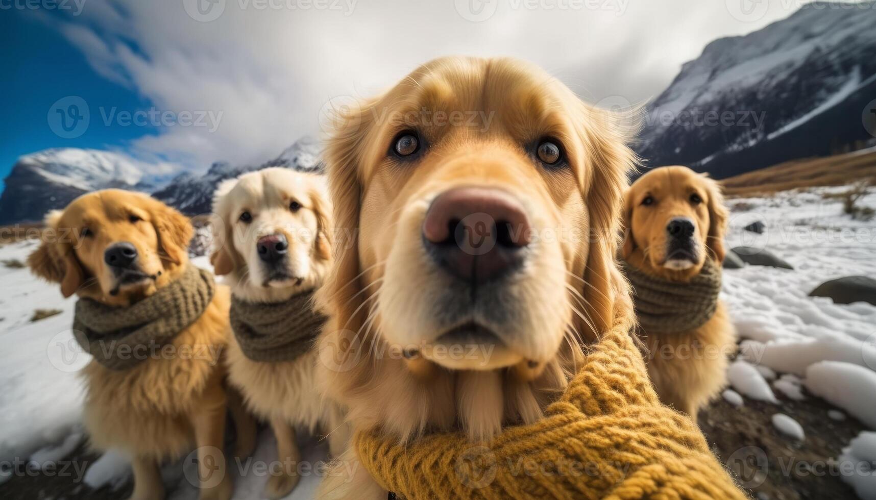 Cutest golden retriever group of friends taking selfie photo