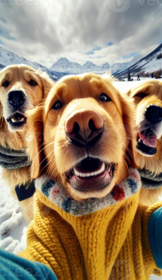 un grupo de dorado perdiguero perros vistiendo perro suéter tomando selfie generativo ai foto