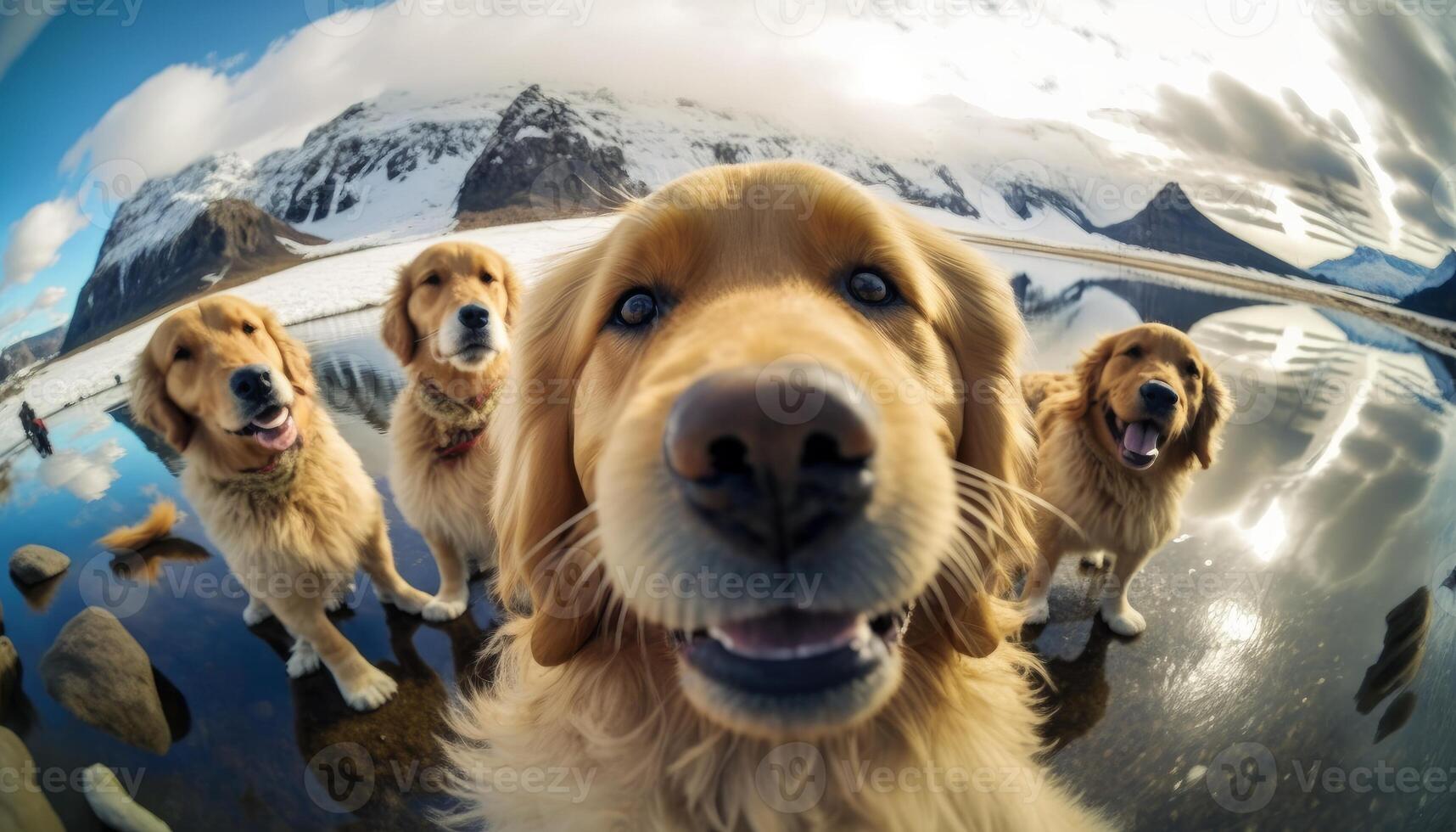 a group of golden retriever dogs cutest group of dog taking selfie photo