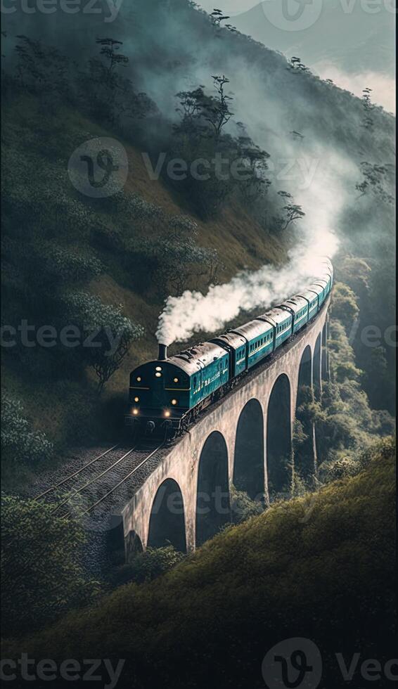 train is running on track above the mountains photo