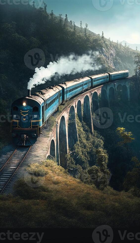 tren es corriendo en pista terminado el montañas generativo ai foto