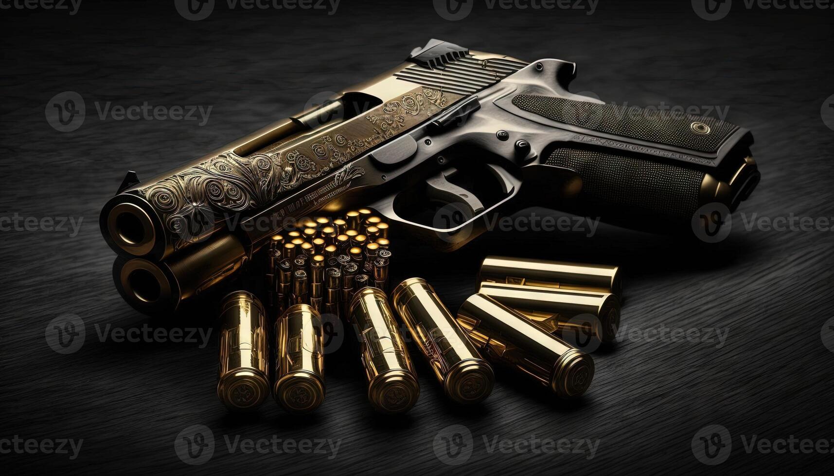9mm pistol bullets and handgun on black background photo