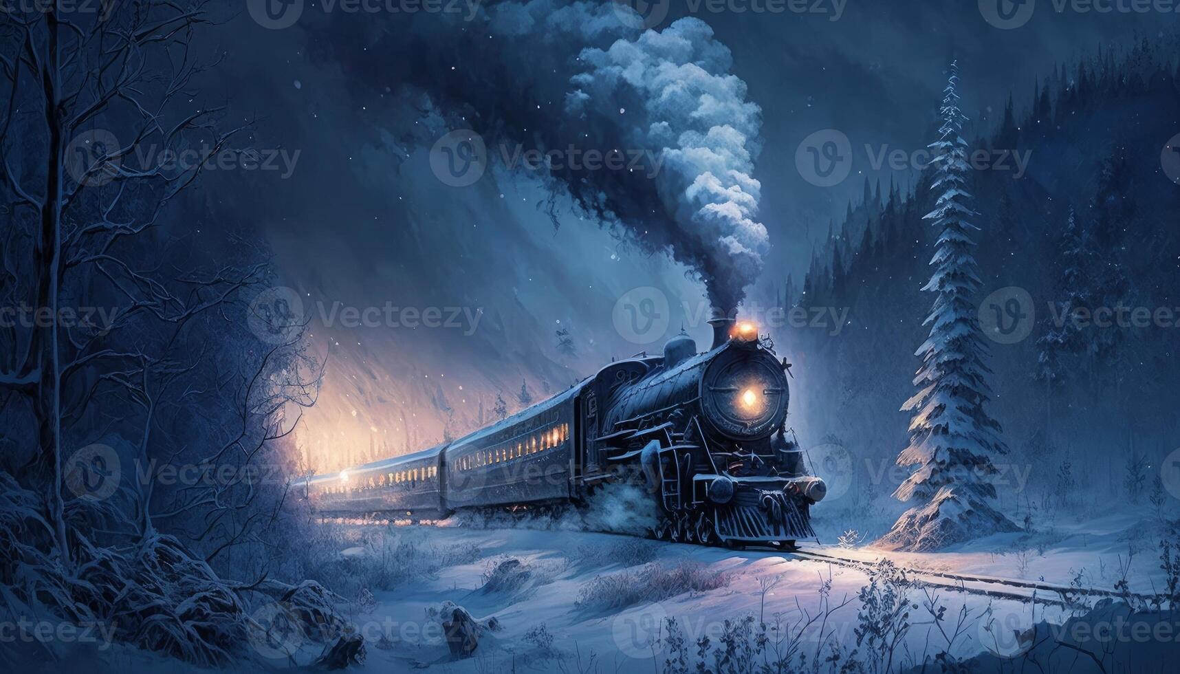 Fantasy train across a winter wilderness in blue night photo