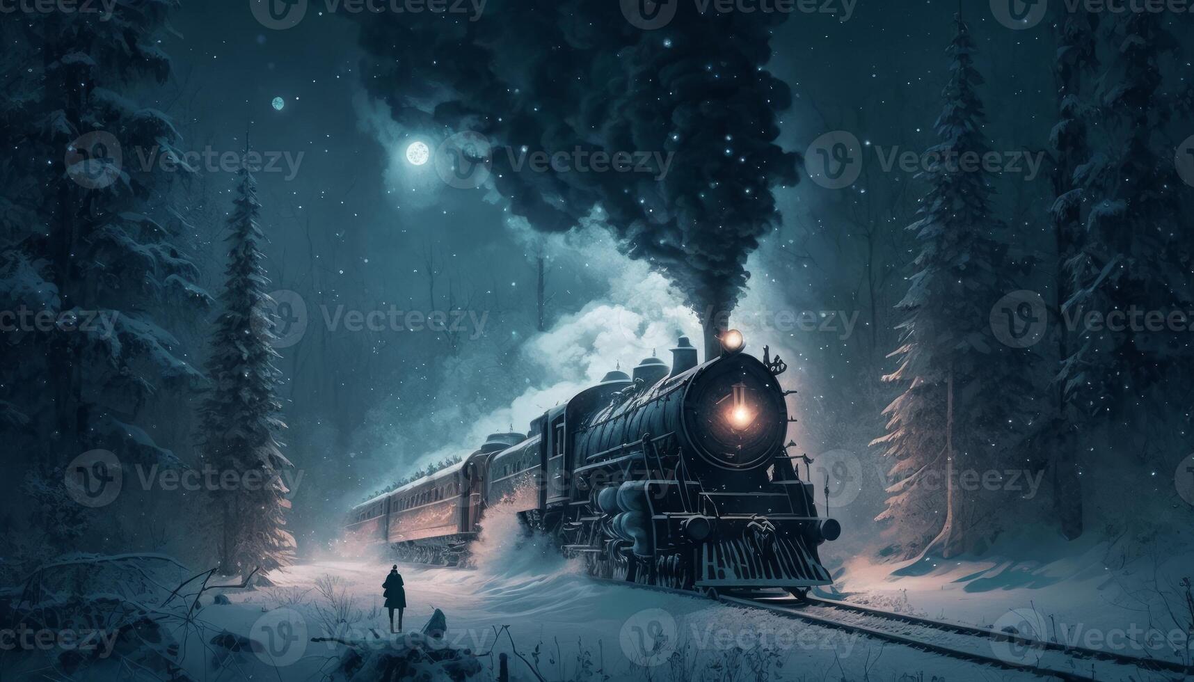 fantasía tren corriendo a el glacial zona en oscuro noche generativo ai foto