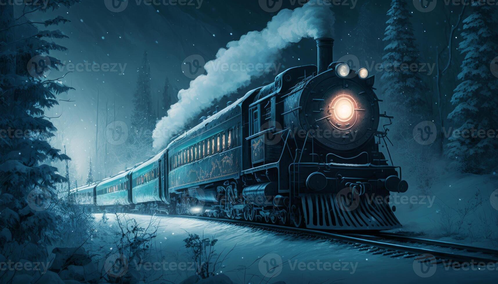Fantasy train across a winter wilderness in fantasy night photo