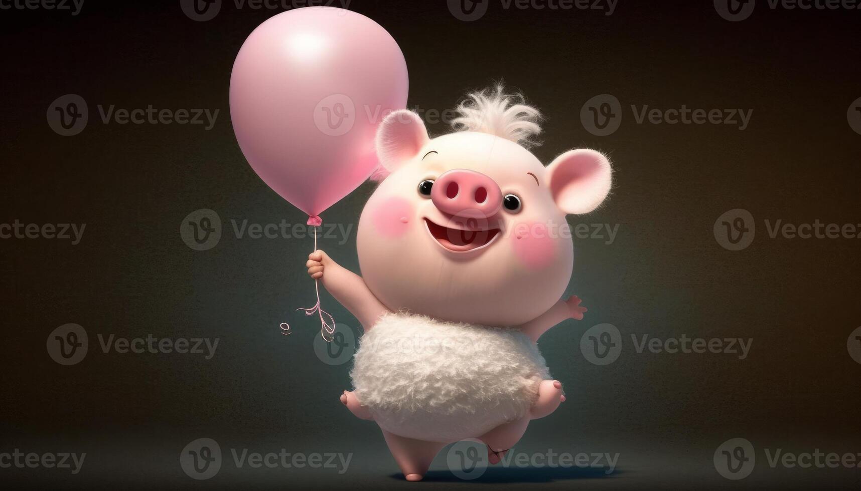 super fluffy cute pixer style white pig holding a cute balloon photo
