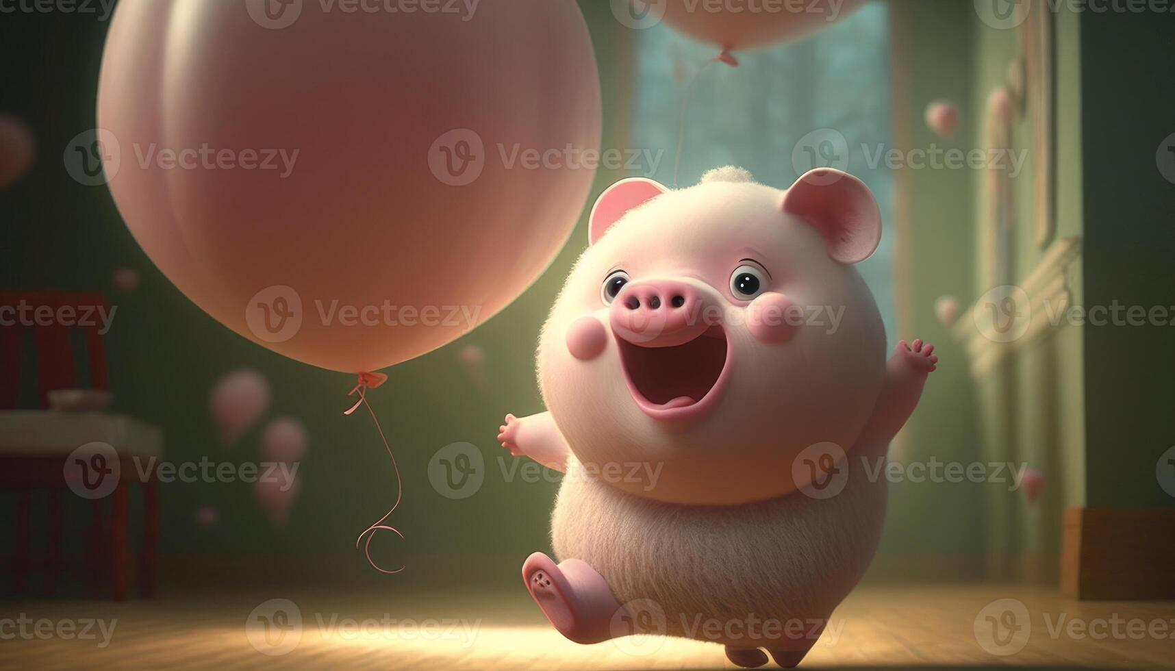 little cute super pixer style white pig with pink balloons photo