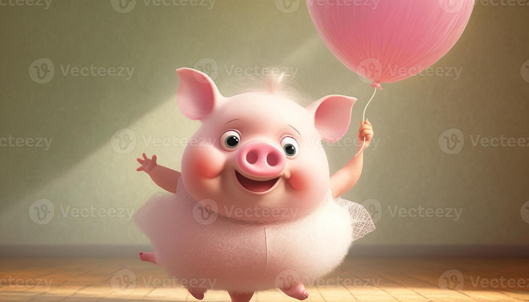 cutest fluffy white pig wearing dress and holding a balloon photo