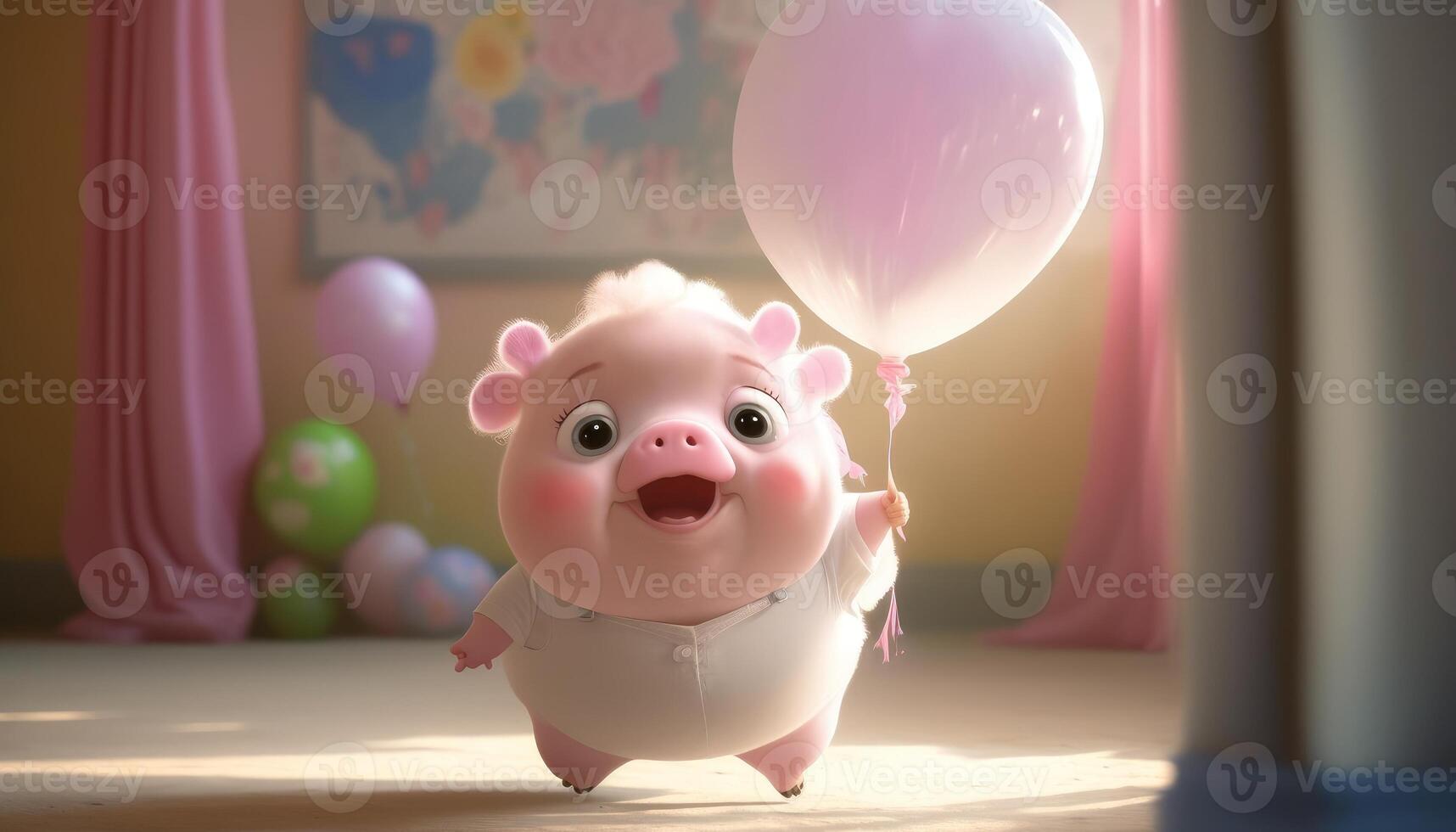 A cute little fluffy cute pixer style white pig holding a pink balloon photo