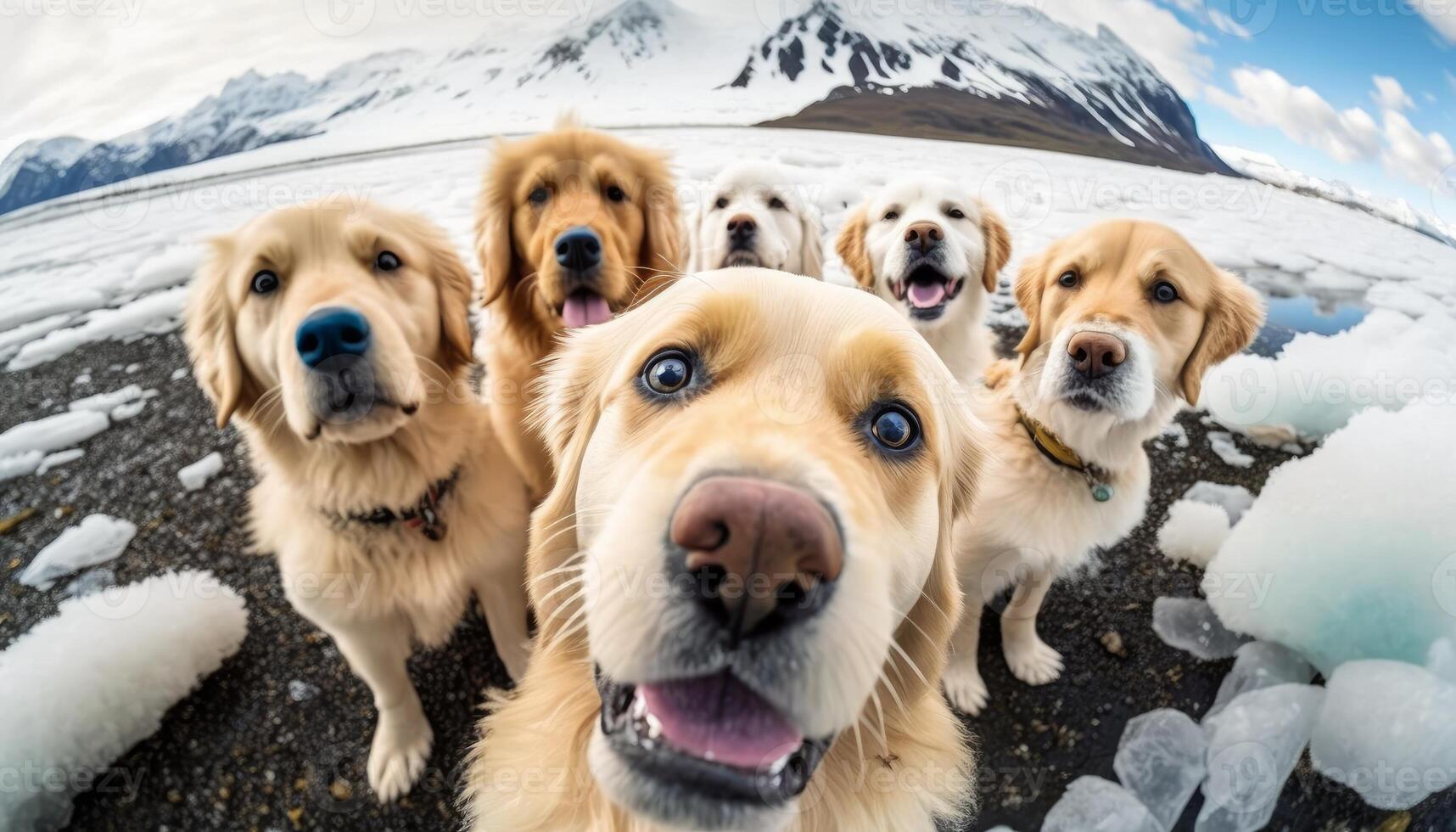 a group of golden retriever dogs wearing dog sweater in ice area photo