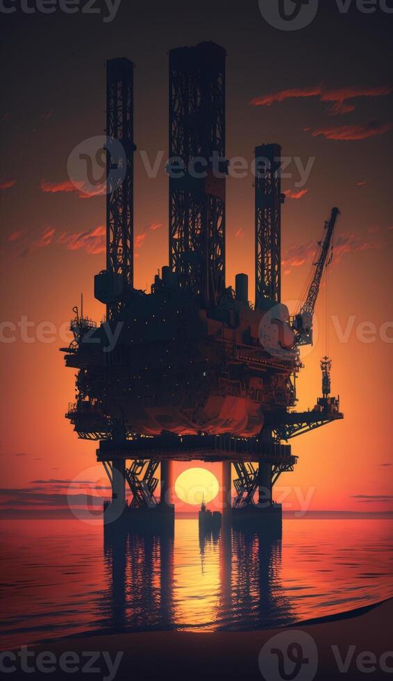 Installation for oil production at sunset at the edge of a sea photo