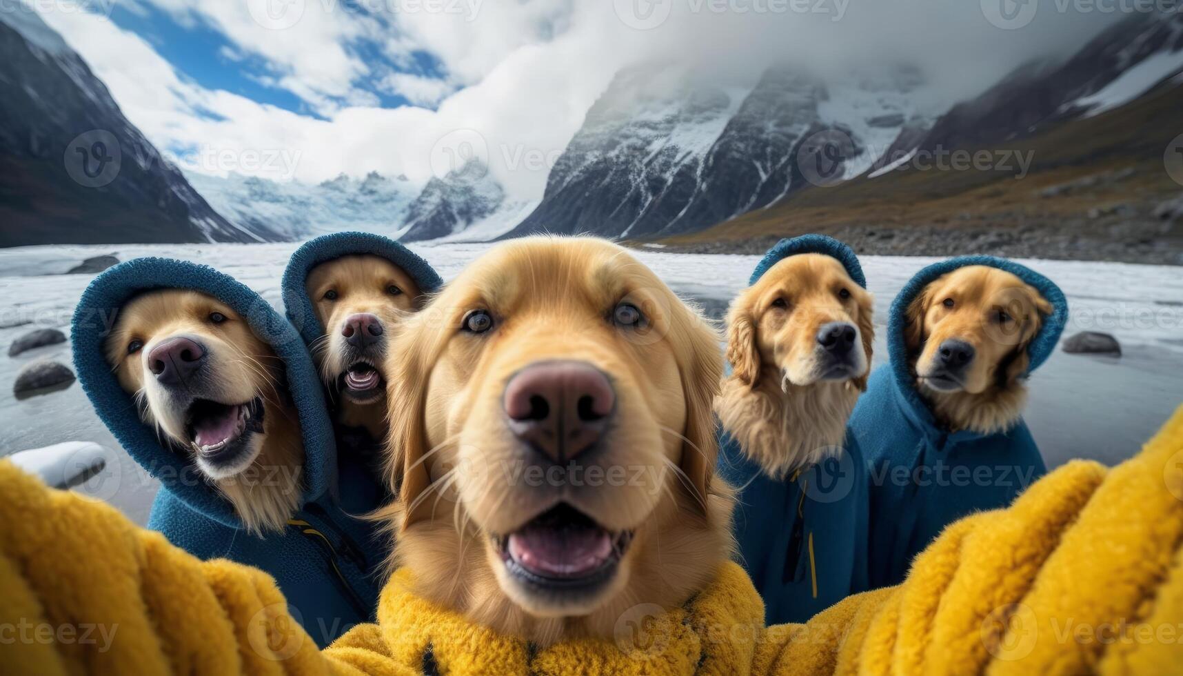 a group of golden retriever dogs wearing pretty yellow and blue sweater photo