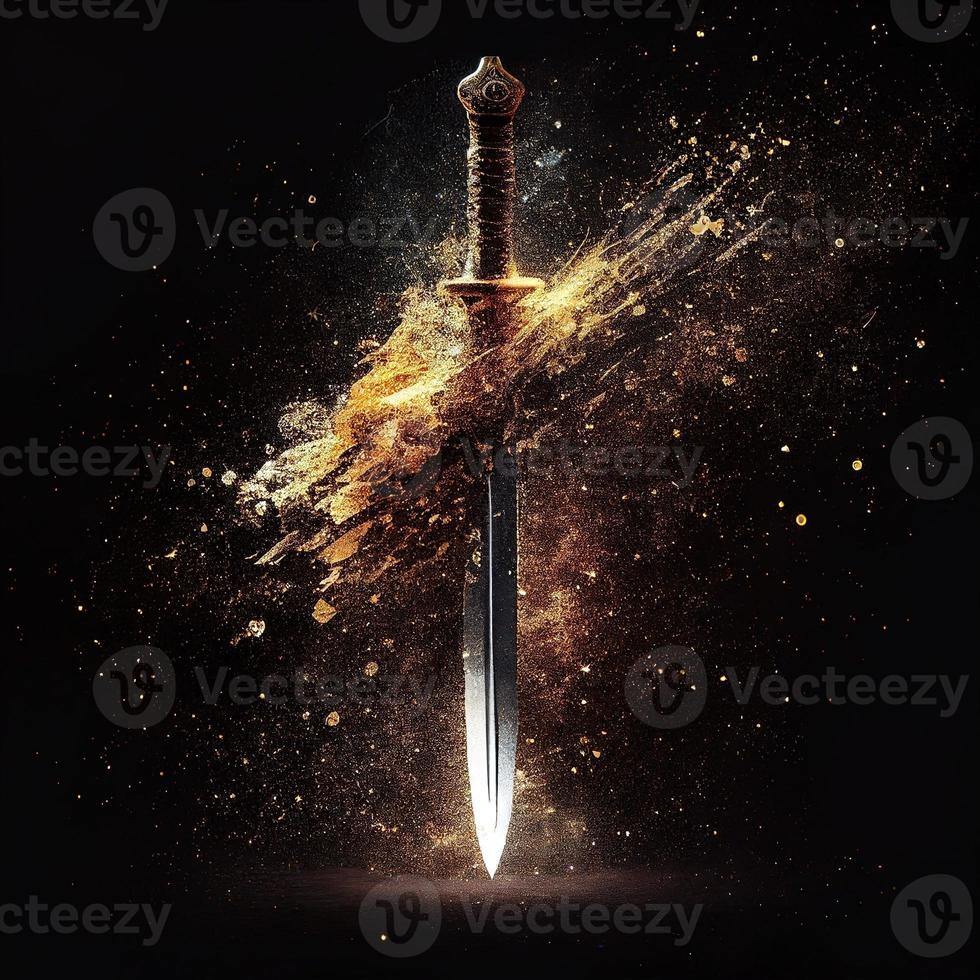 golden sword glitter explosion in black background photo