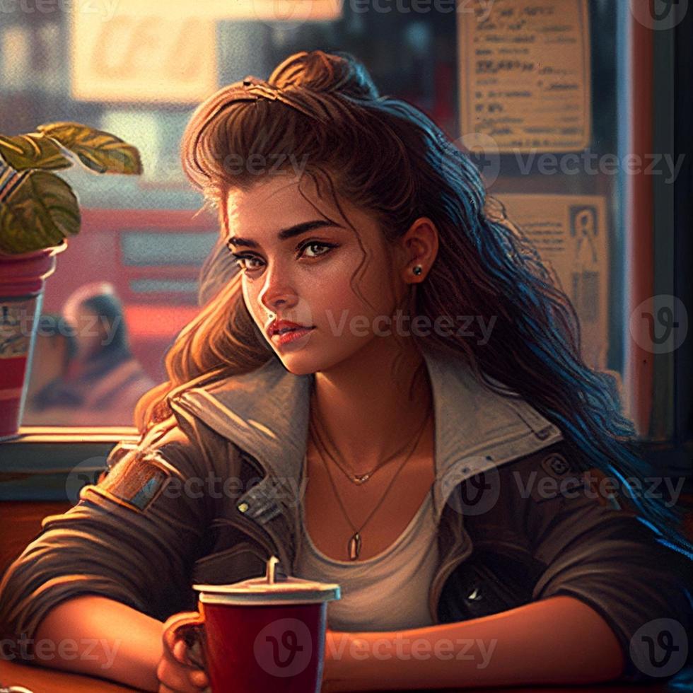 a girl chill in cafe , style of 90's vintage image photo