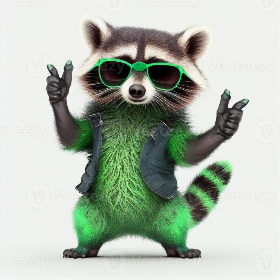 gracioso y balanceo mapache en verde Gafas de sol en blanco antecedentes foto