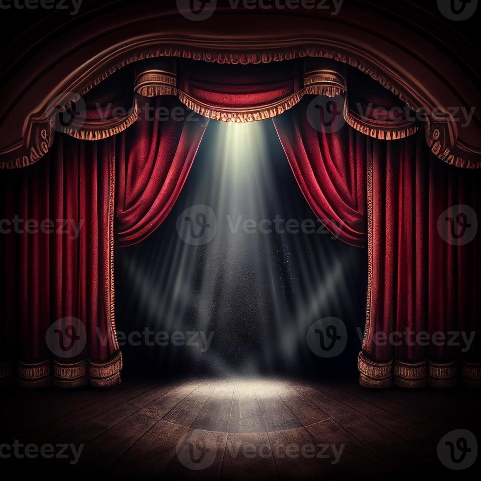 dark theater stage with red curtains and spotlight photo