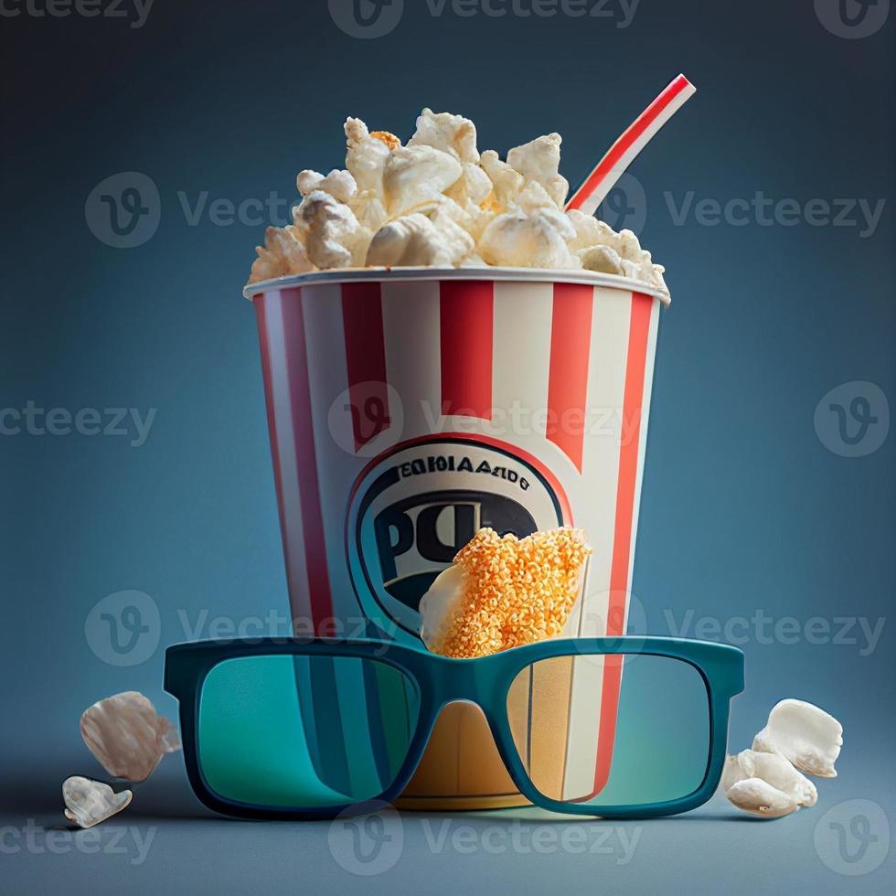 bucket of popcorn with glasses image in sky blue background photo