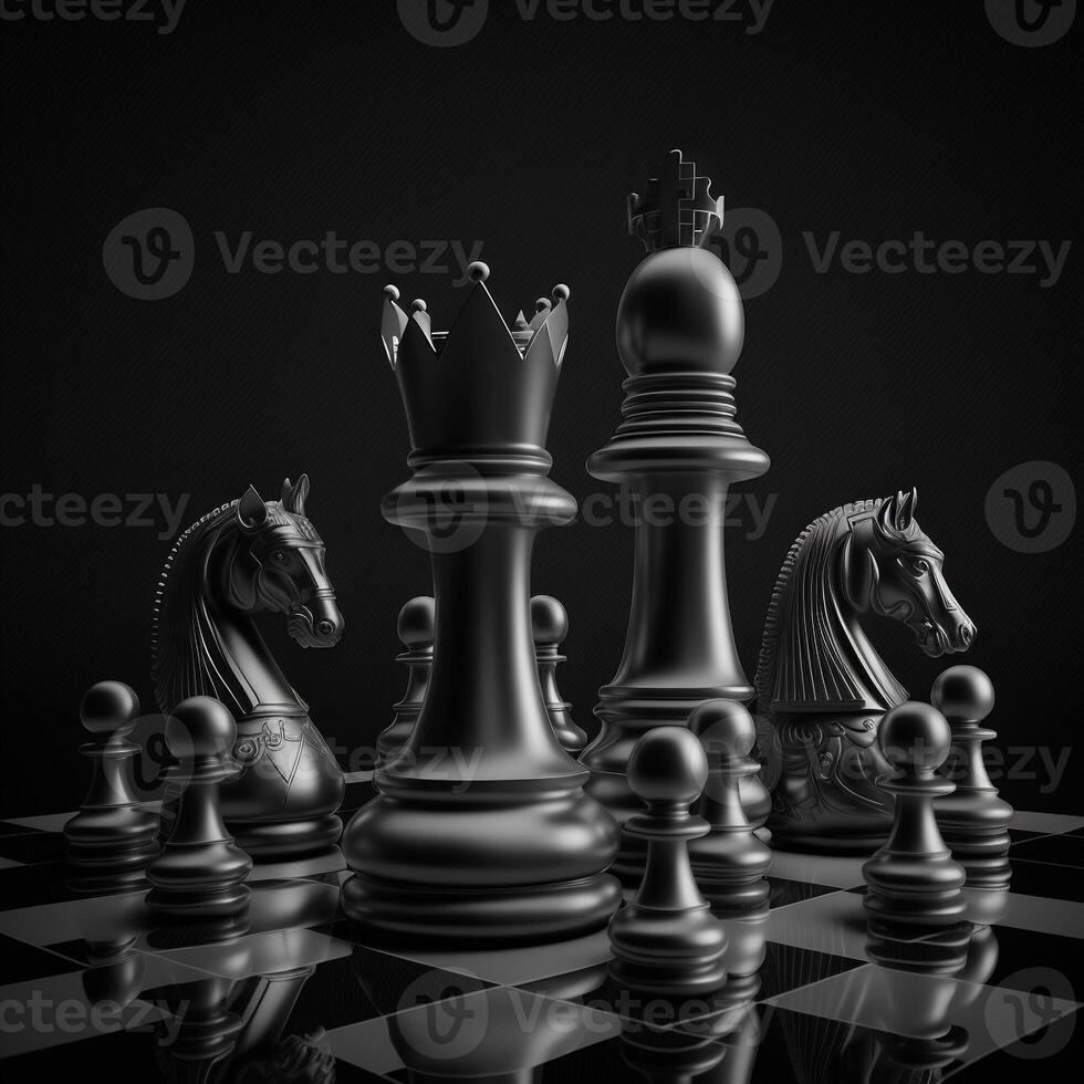 chess pieces black and white isolated on Black photo