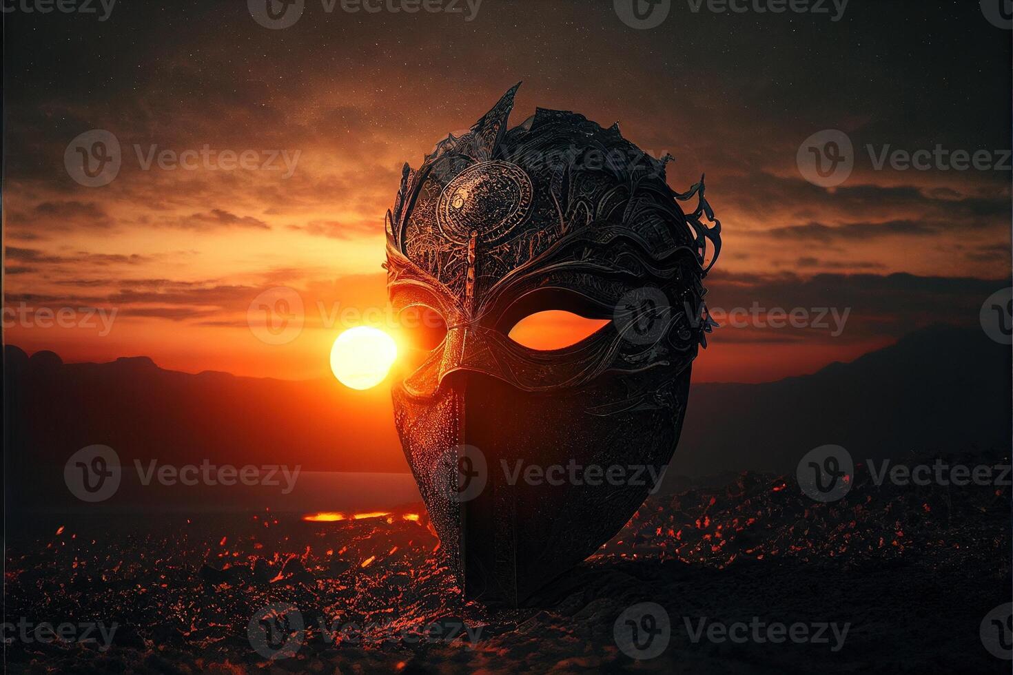 the sun on the horizon and a mask of a hero photo