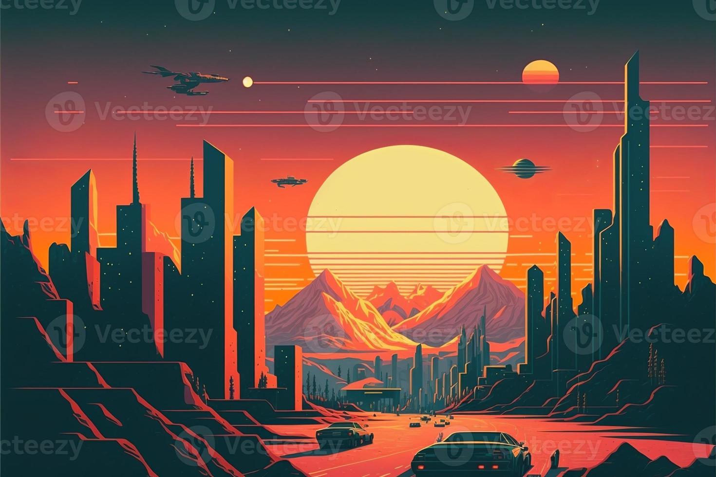 City landscape in the middle of the desert with sunset in the background. Digital illustration. AI photo