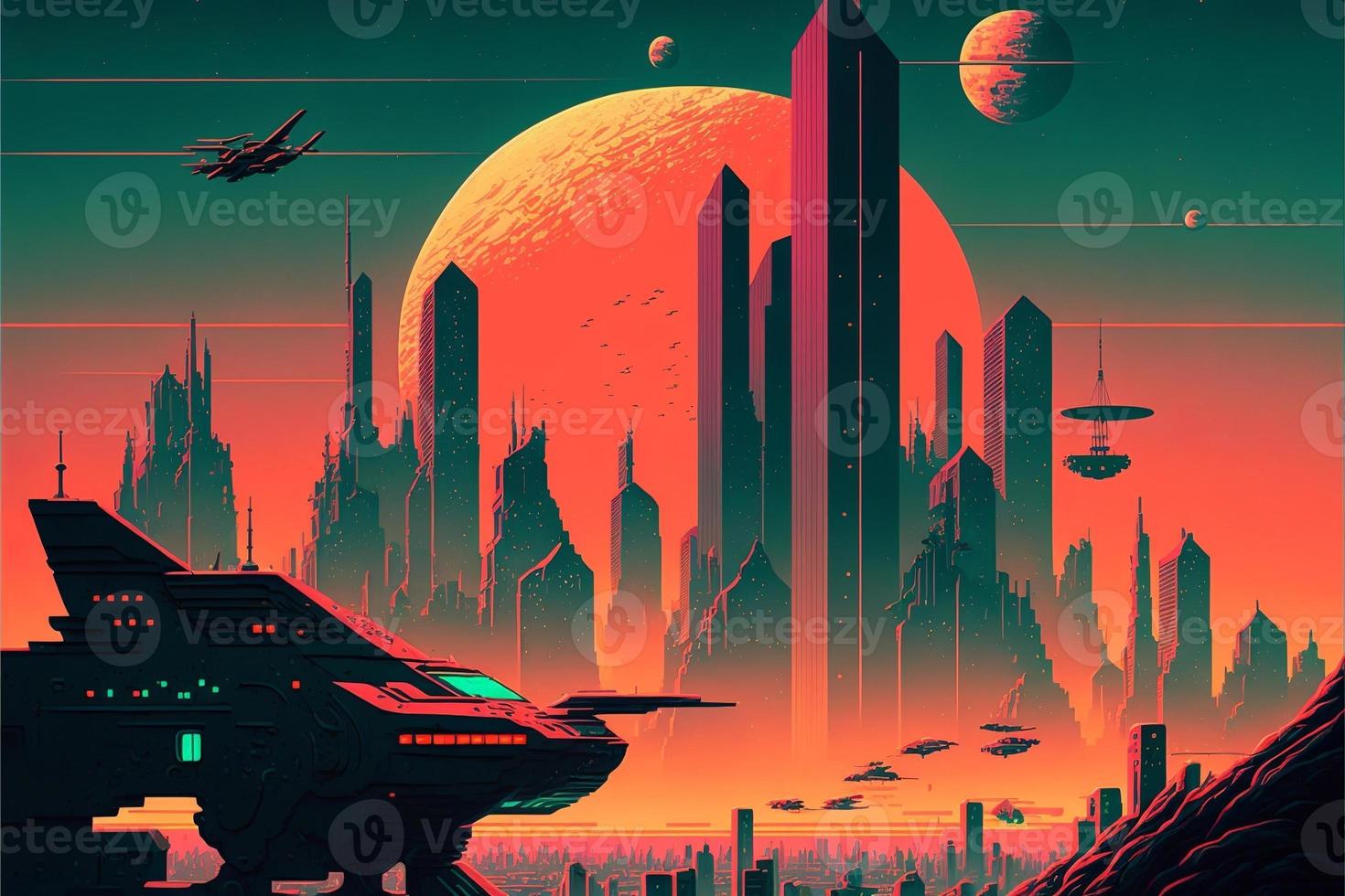 City landscape in the middle of the desert with sunset in the background. Digital illustration. AI photo