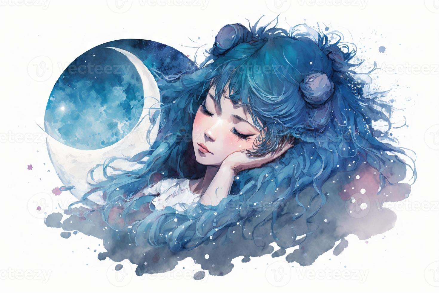 beautiful light blue Girl on sleeping on moon hot photo