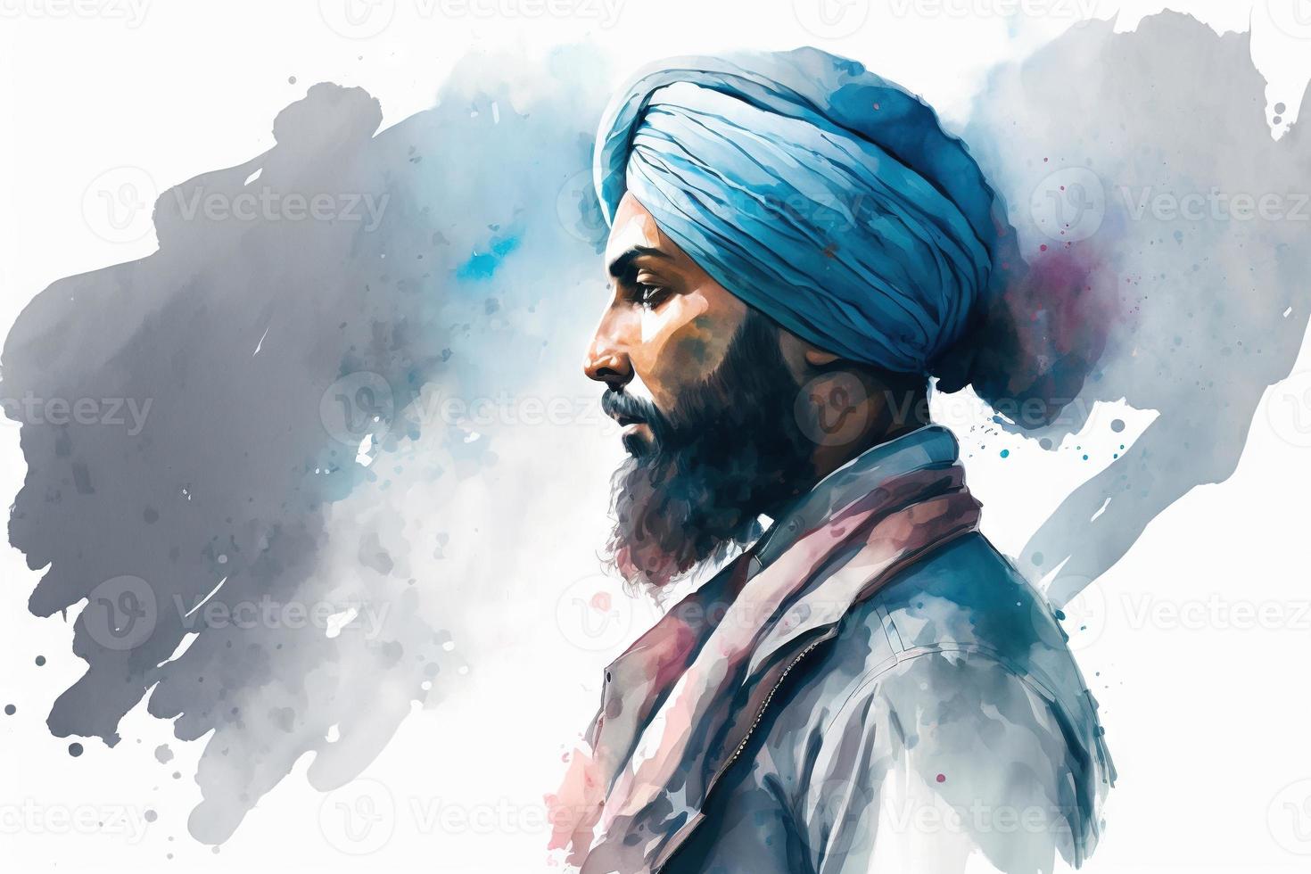 beautiful light blue Sikh punjabi man watercolor photo