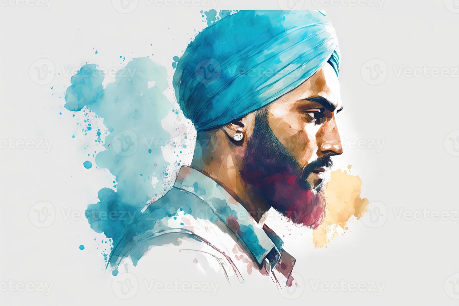 beautiful light blue Sikh punjabi man watercolor photo