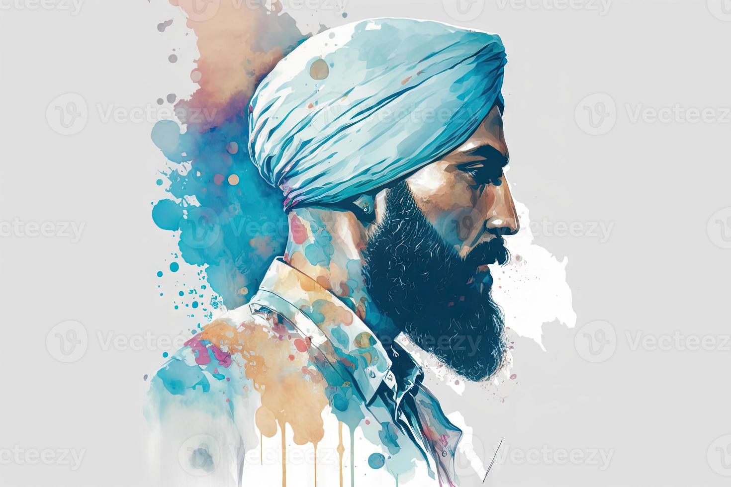 beautiful light blue Sikh punjabi man watercolor photo