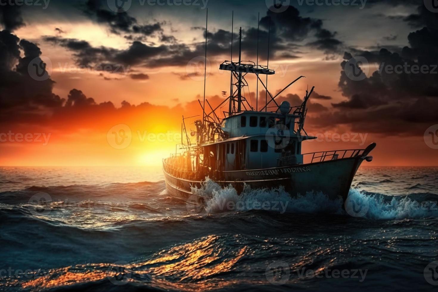 sunset ocean fishing boat sea sky photo