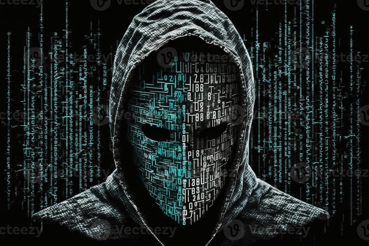 hacker hombre ataque máscara binario uno foto