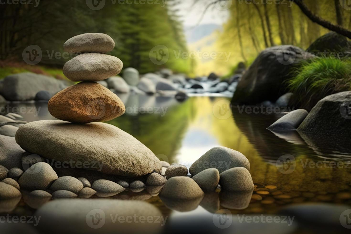 Balancing rocks and pebbles in front of nature BG photo