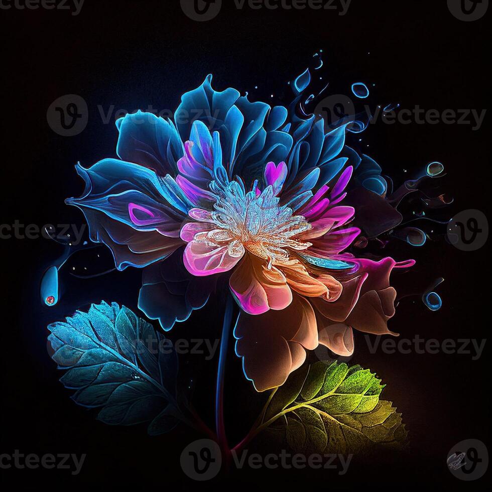 blooming glowing flowers on black background , ai, photo