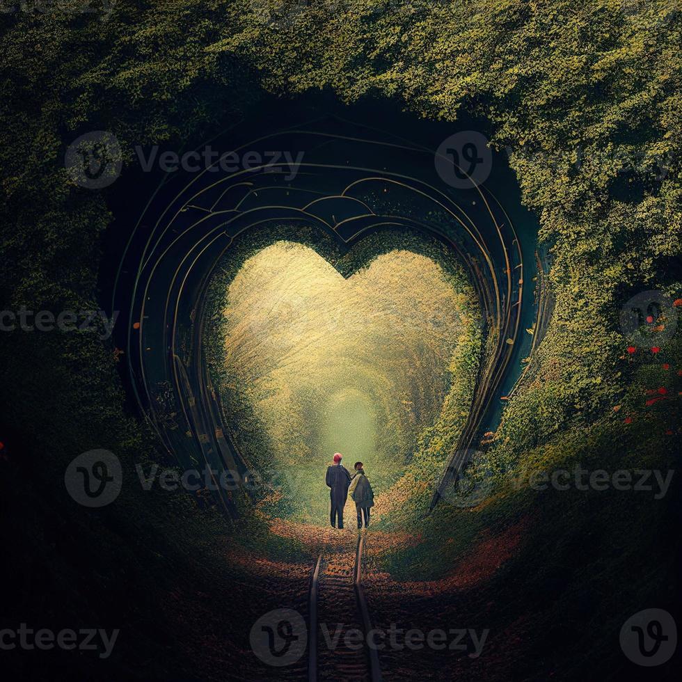 love tunnel concept to lovers, walking near platform and heart is made photo