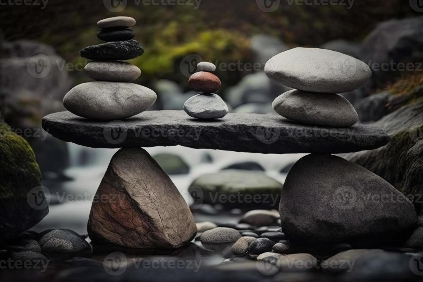 Balancing rocks and pebbles in front of nature BG photo