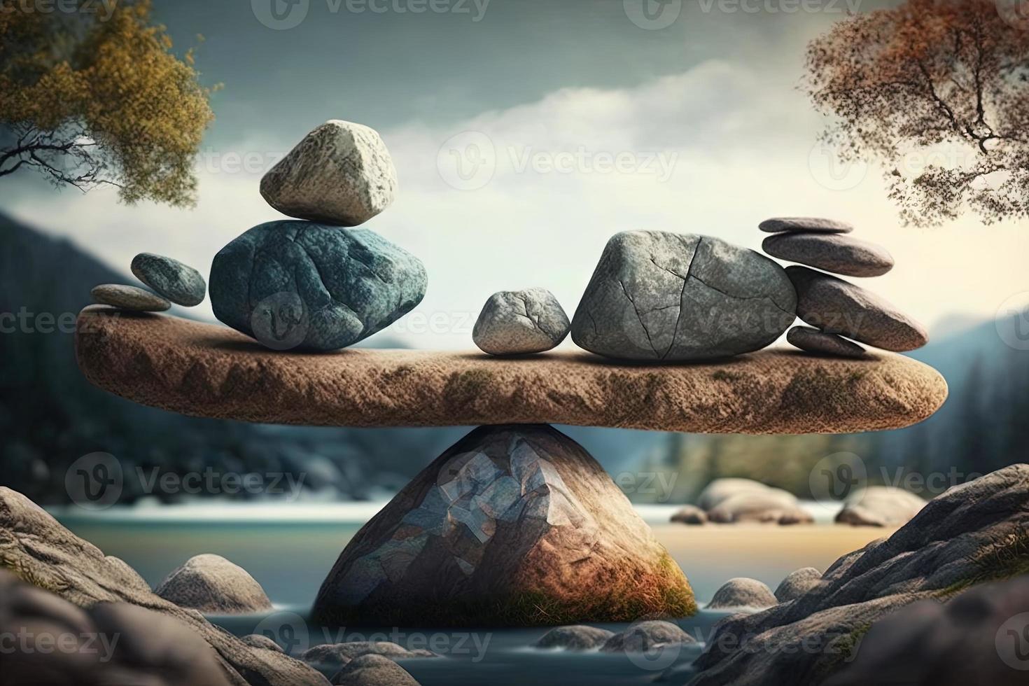 Balancing rocks and pebbles in front of nature BG photo