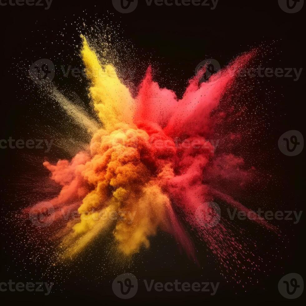 Red and yellow powder explosion on black photo