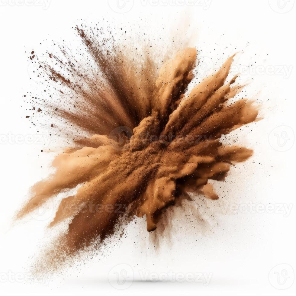 profundo marrón polvo explosión en blanco bg generativo ai foto
