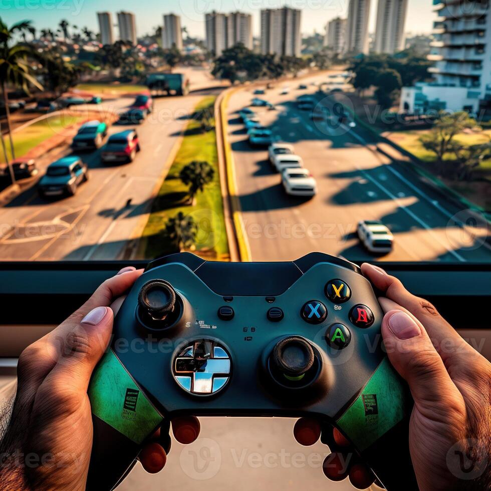 hombre utilizando un xbox controlador a jugar forza horizonte generativo ai foto