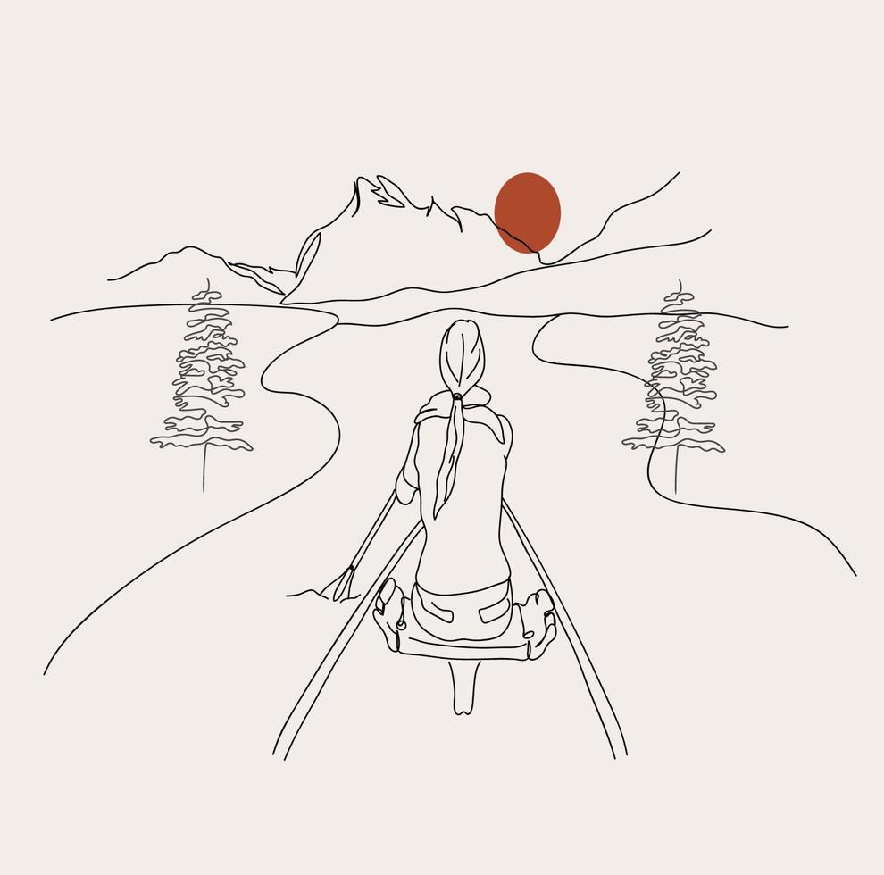 Minimalist Landscape Line Art, Mountain Outline Drawing, Canoe Scenery, Woman Kayak Trees River vector